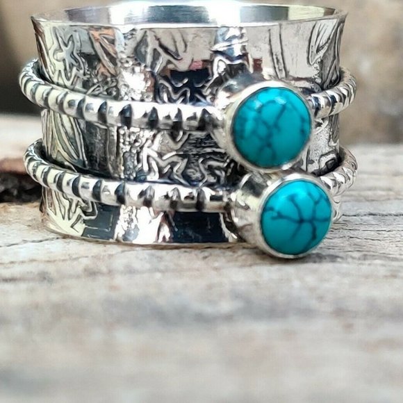 Men's Handmade Turquoise 925 Stamped Spinner Ring - Picture 1 of 11